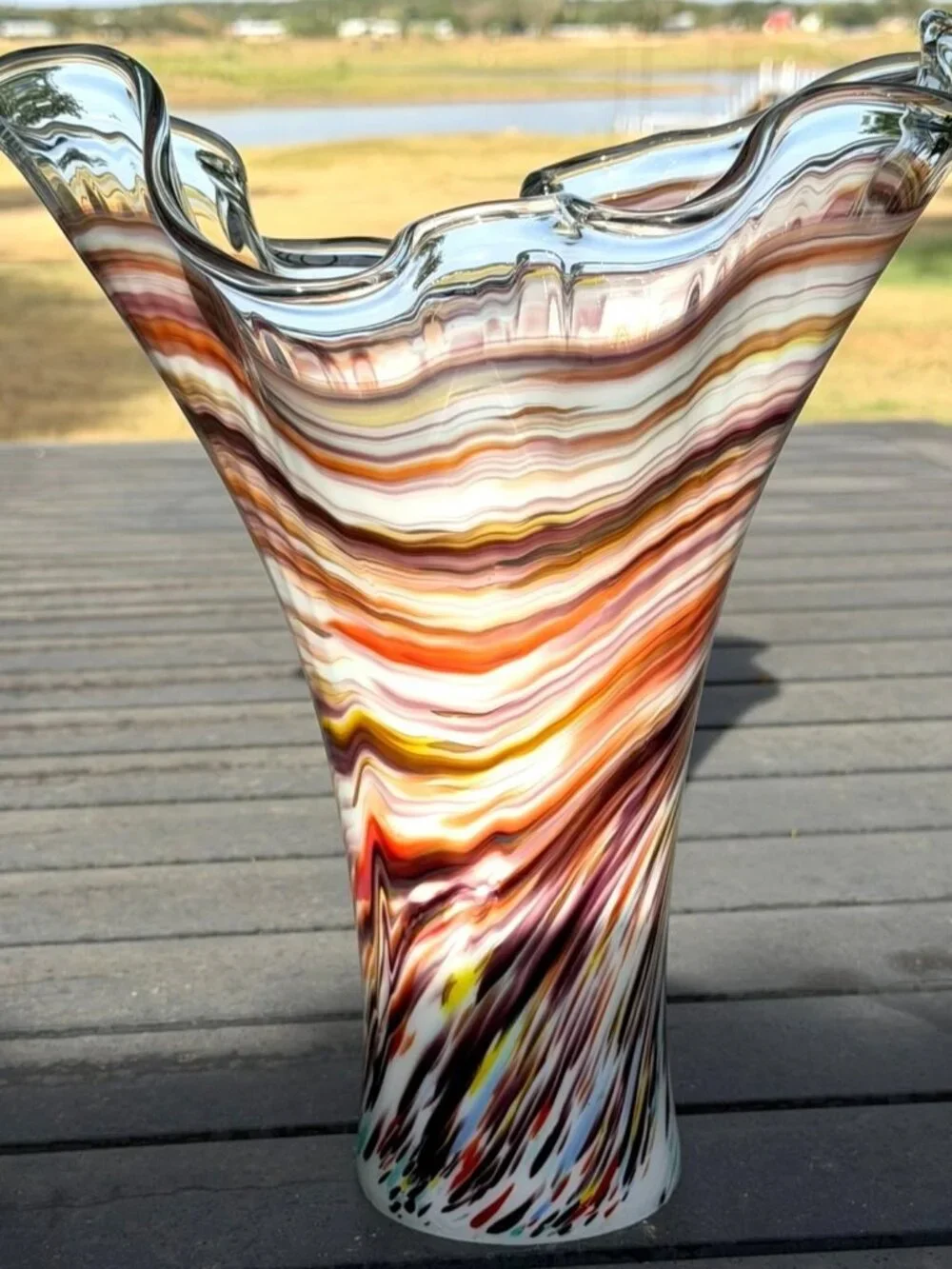 Vintage Murano Style Hand Blown Multicolor Art Glass Ruffled Vase 13.5